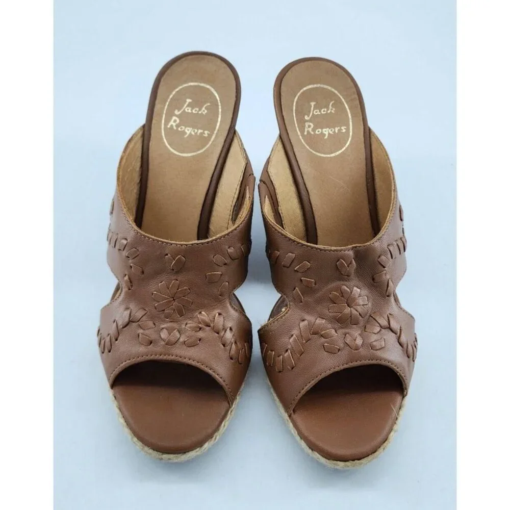 Jack Rogers Women's Sophia Wooden Brown Woven‎ Slip On Wedge Sandals Size 6.5M